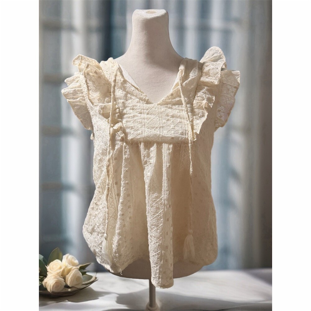 Fab’rik Blouse Womens XS Ivory Eyelet Lace Peplum Ruffle Sleeve Tassel